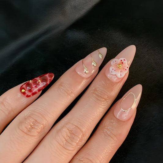 burgundy flower press on nails with glossy finish