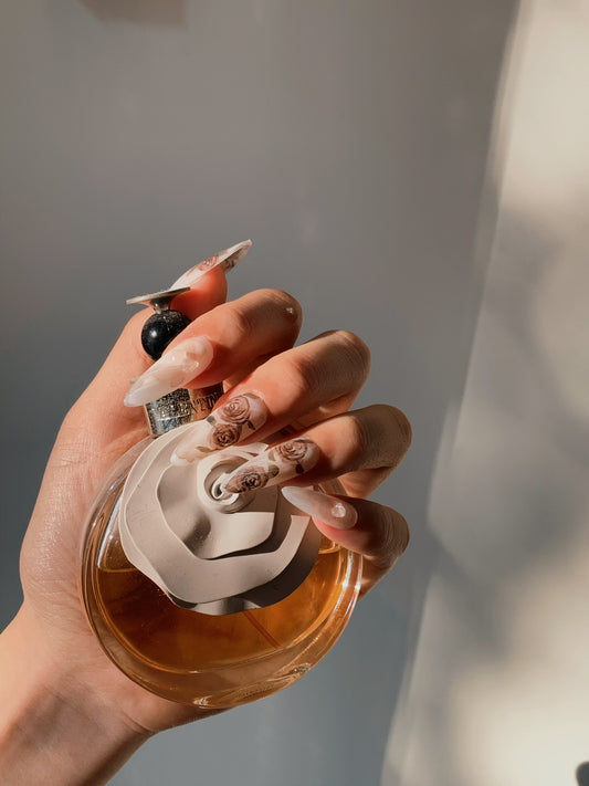 romantic floral nails almond shape glossy finish