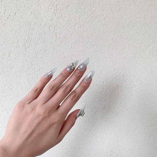 grey shimmer press on nails almond shape