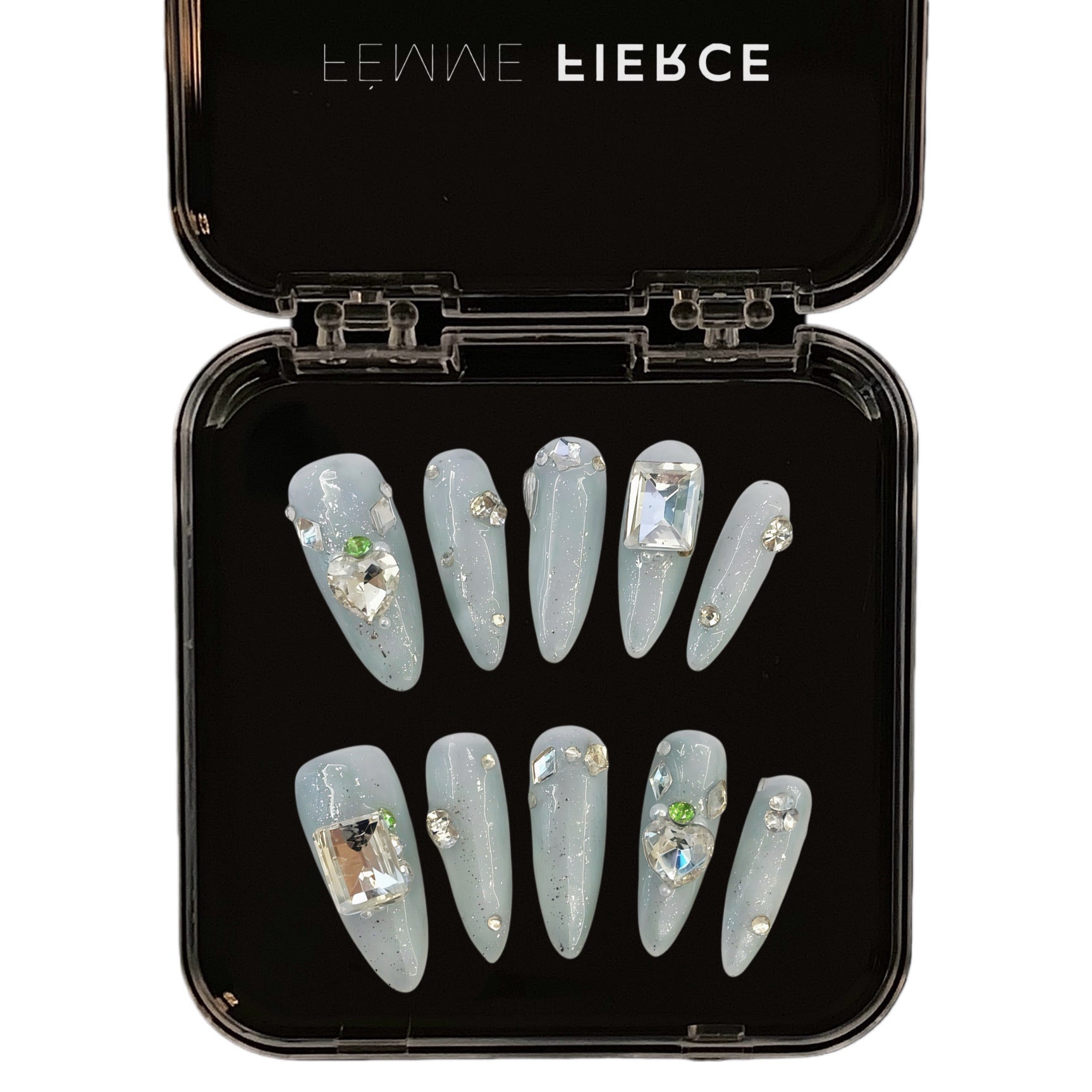 metallic silver press on nails rhinestone detail