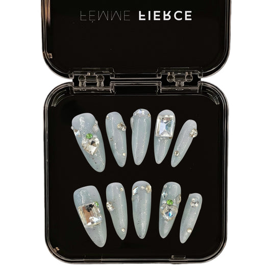 metallic silver press on nails rhinestone detail