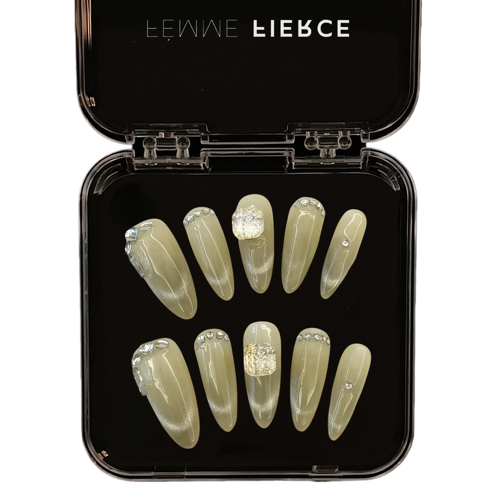 sage green press on nails chrome finish