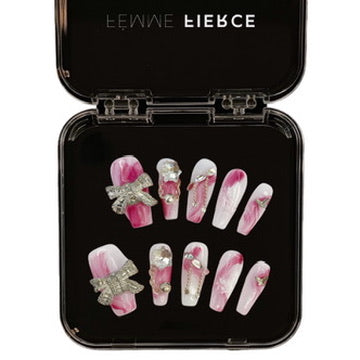 pink bow press on nails rhinestone design