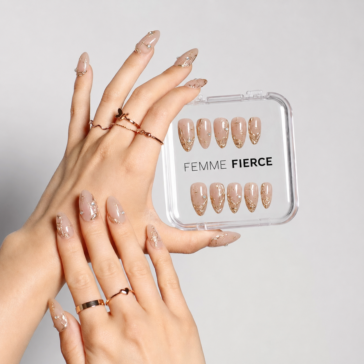 Femme Fierce artisanal press-on nails displayed in a clear case